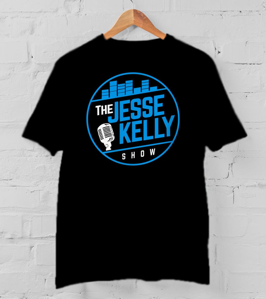 The Jesse Kelly Show Microphone Logo Design With Blue Text And Sound Bars T-Shirt