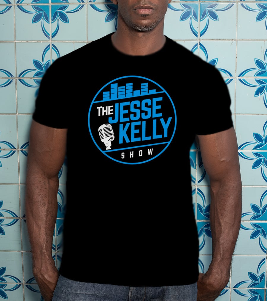 The Jesse Kelly Show Microphone Logo Design With Blue Text And Sound Bars T-Shirt