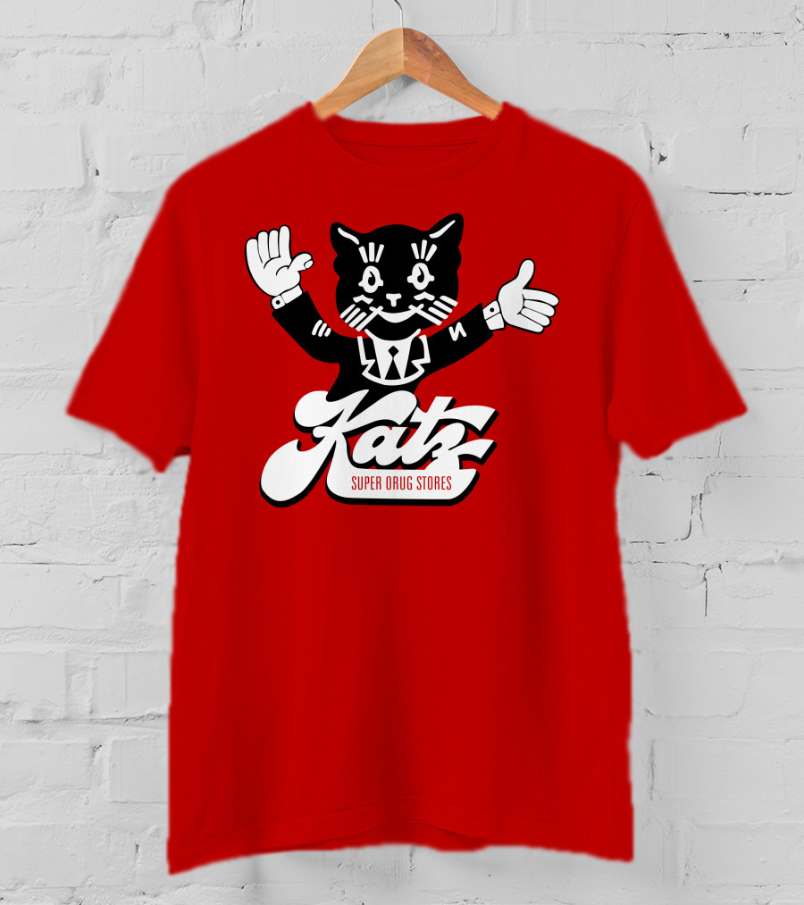 Katz Super Drug Stores Cat Mascot Smiling And Waving In Suit And Tie T-Shirt