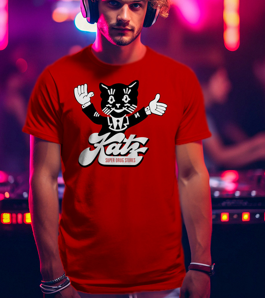 Katz Super Drug Stores Cat Mascot Smiling And Waving In Suit And Tie T-Shirt