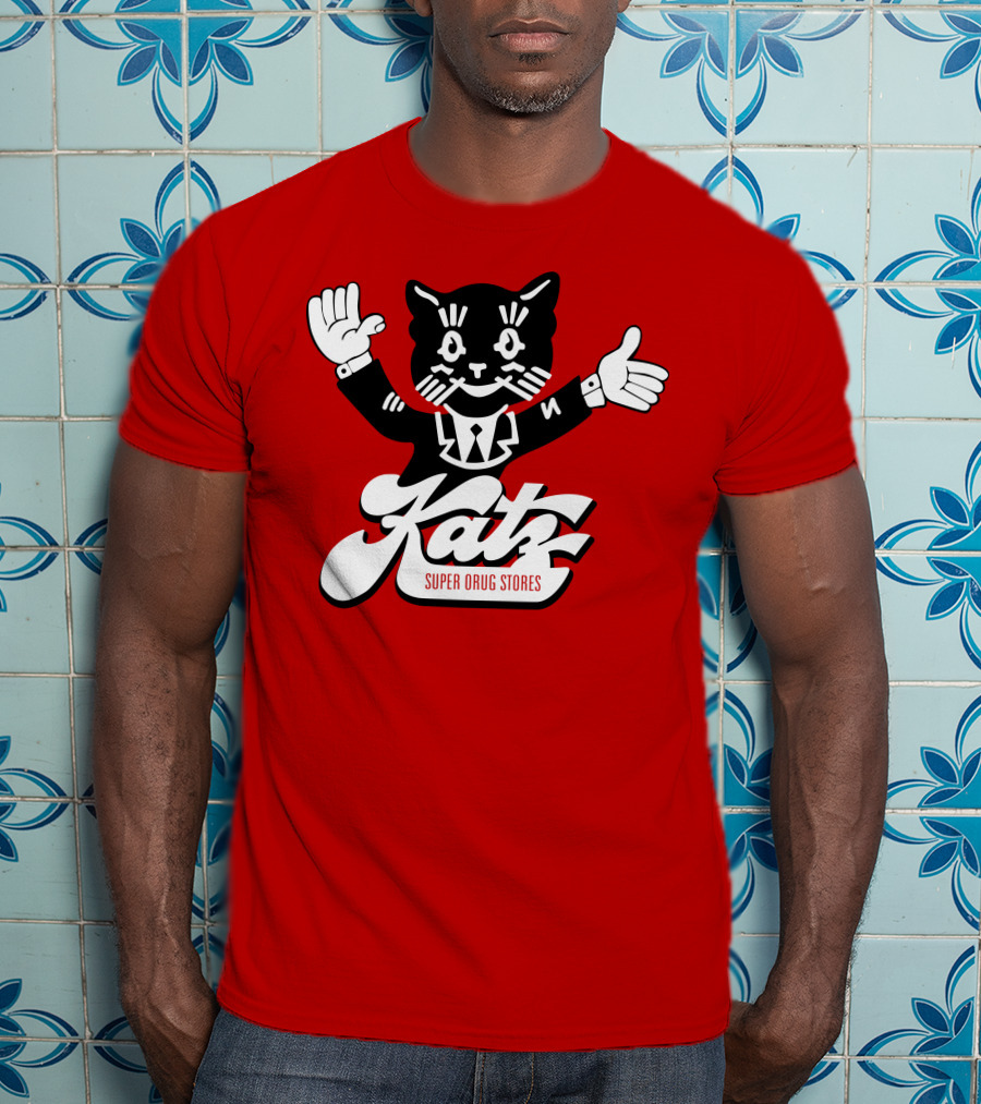 Katz Super Drug Stores Cat Mascot Smiling And Waving In Suit And Tie T-Shirt