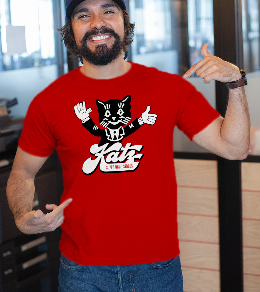 Katz Super Drug Stores Cat Mascot Smiling And Waving In Suit And Tie T-Shirt