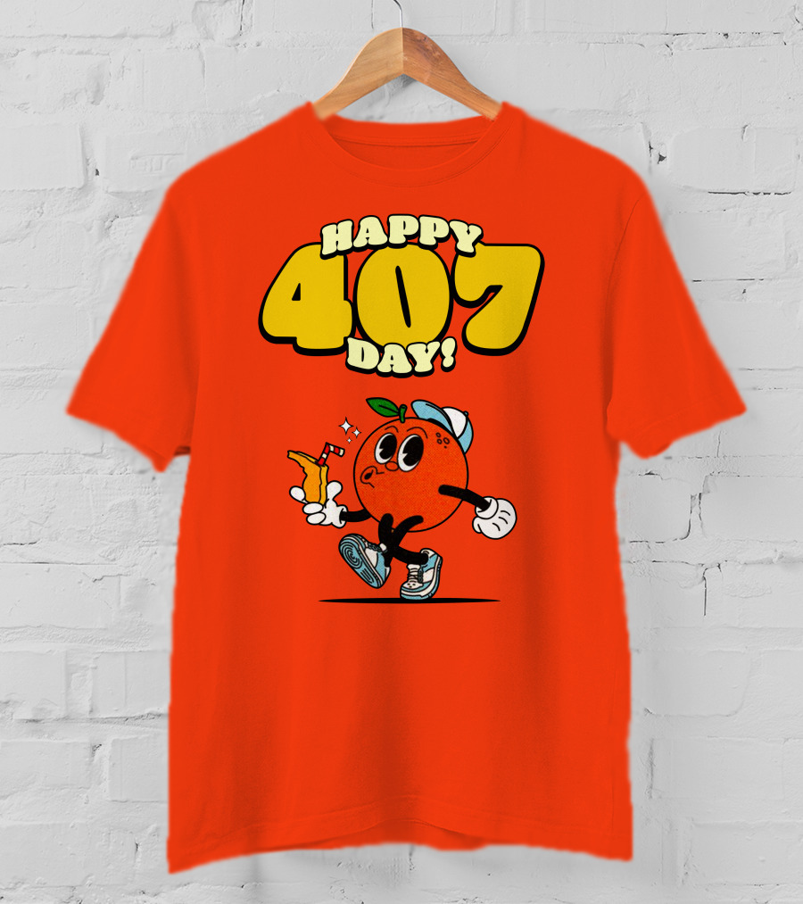Happy 407 Day Orlando Orange Character With Drink And Sneakers T-Shirt