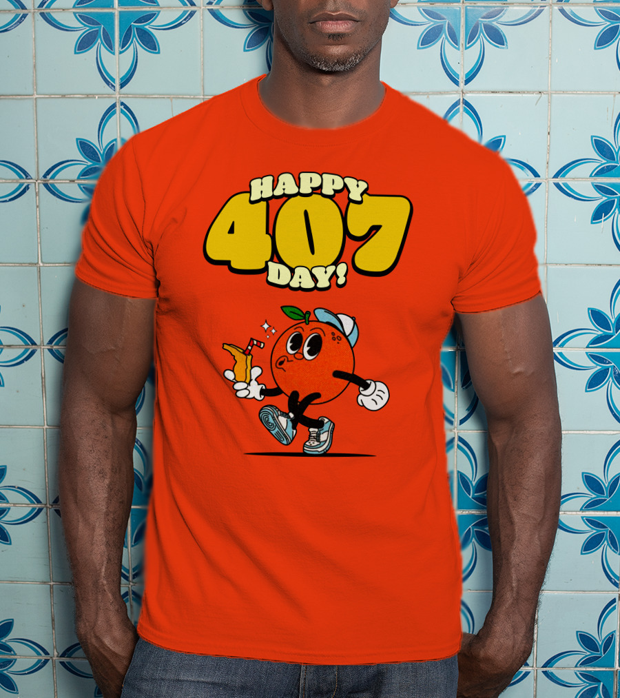Happy 407 Day Orlando Orange Character With Drink And Sneakers T-Shirt