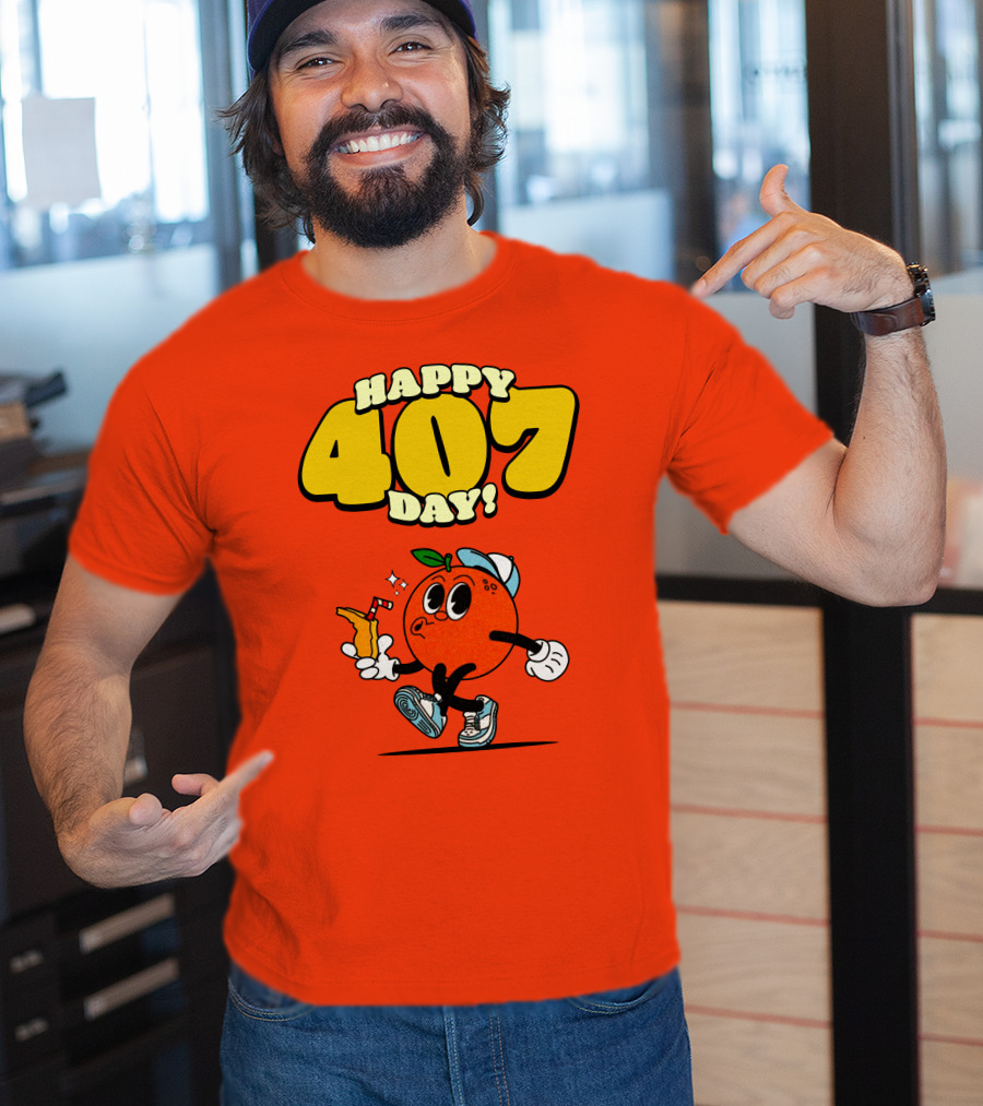 Happy 407 Day Orlando Orange Character With Drink And Sneakers T-Shirt
