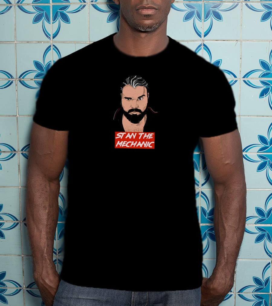 Stan The Mechanic Red Text Illustration With Bearded Character T-Shirt