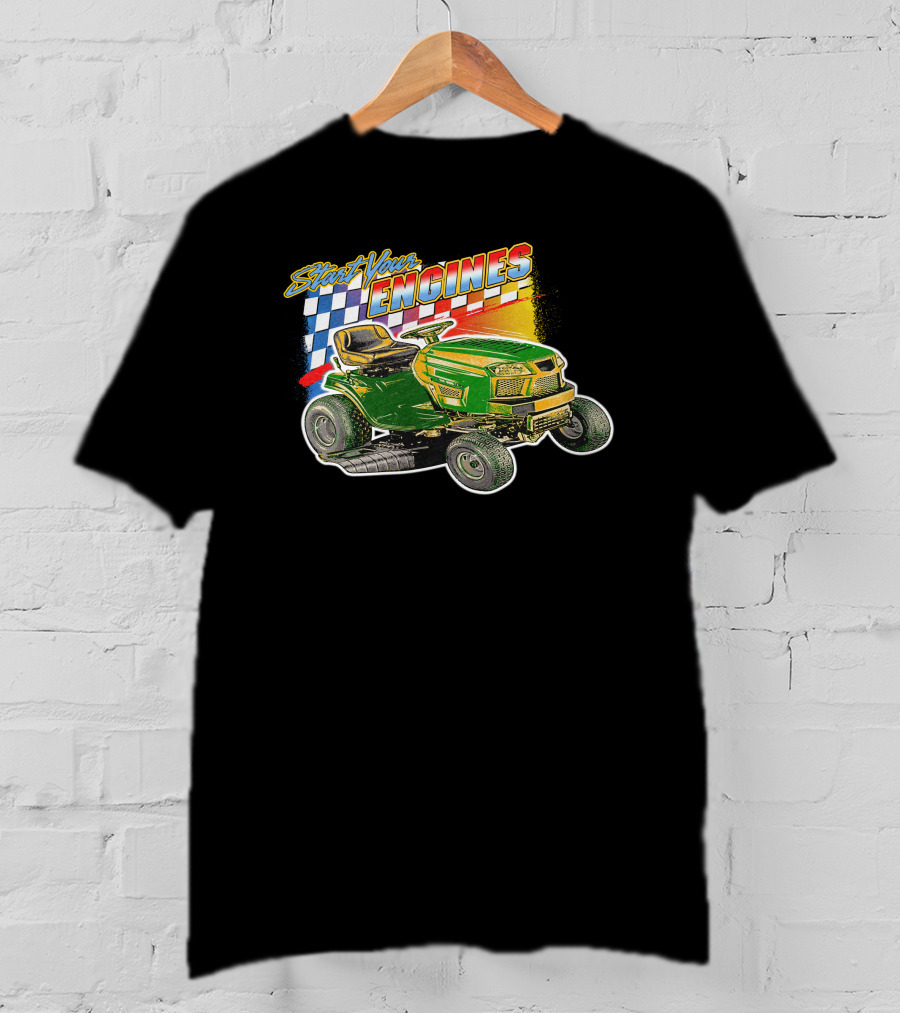 Start Your Engines Lawn Mower Racing With Checkered Flag T-Shirt
