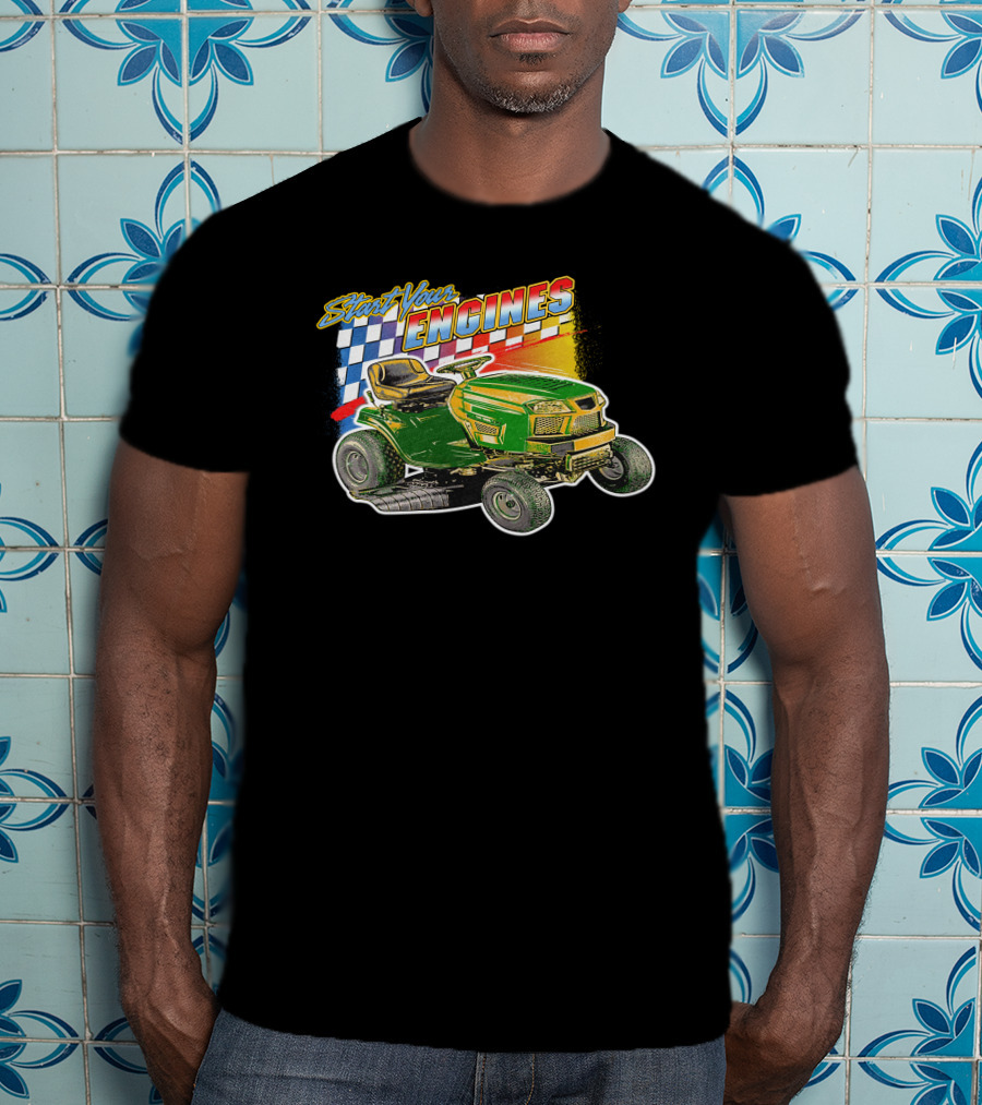 Start Your Engines Lawn Mower Racing With Checkered Flag T-Shirt
