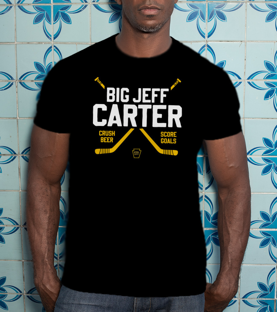 Big Jeff Carter Crush Beer Score Goals Hockey Crossed Sticks Steel City T-Shirt