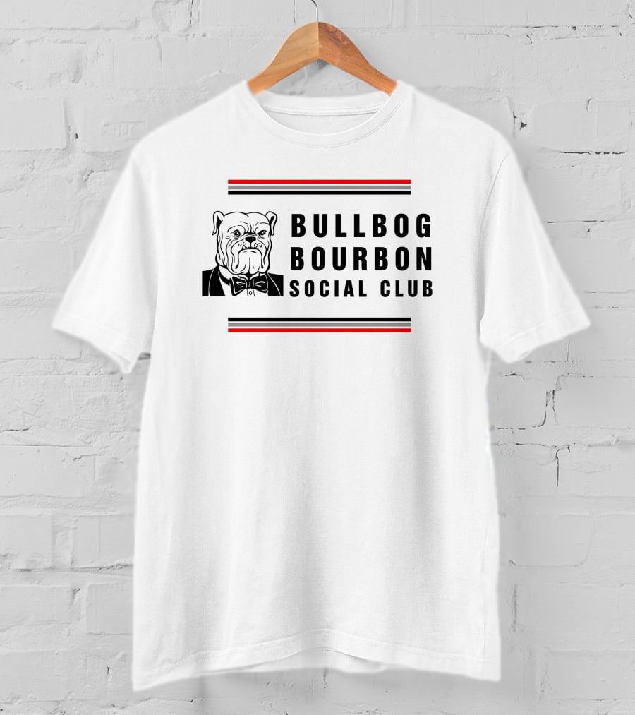 Bulldog Bourbon Social Club Classic Black And White Bulldog Illustration With Red Stripes T-Shirt