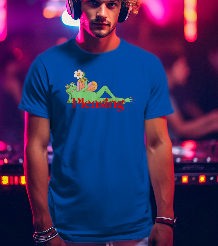 Pleasing Frog With Flower On Sky Blue Crewneck T-Shirt