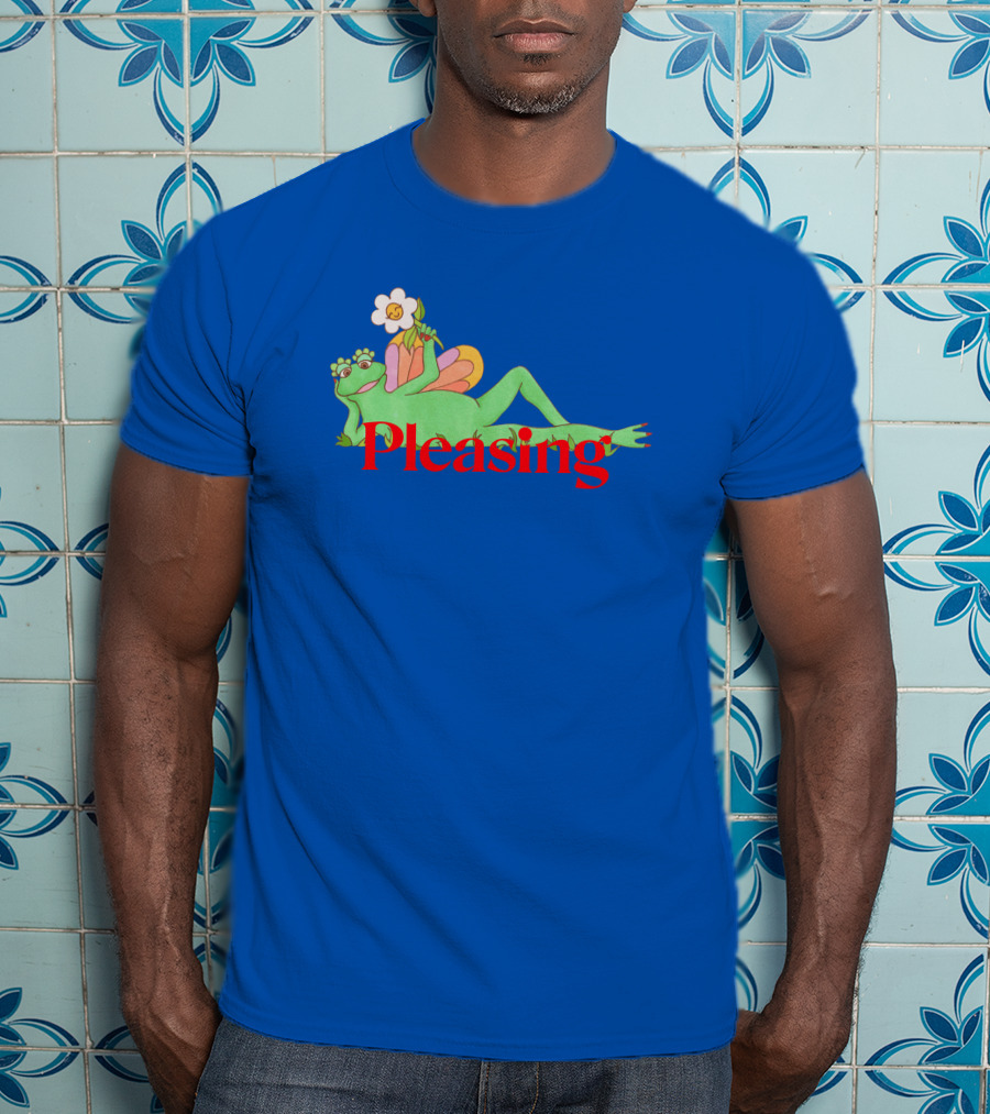 Pleasing Frog With Flower On Sky Blue Crewneck T-Shirt
