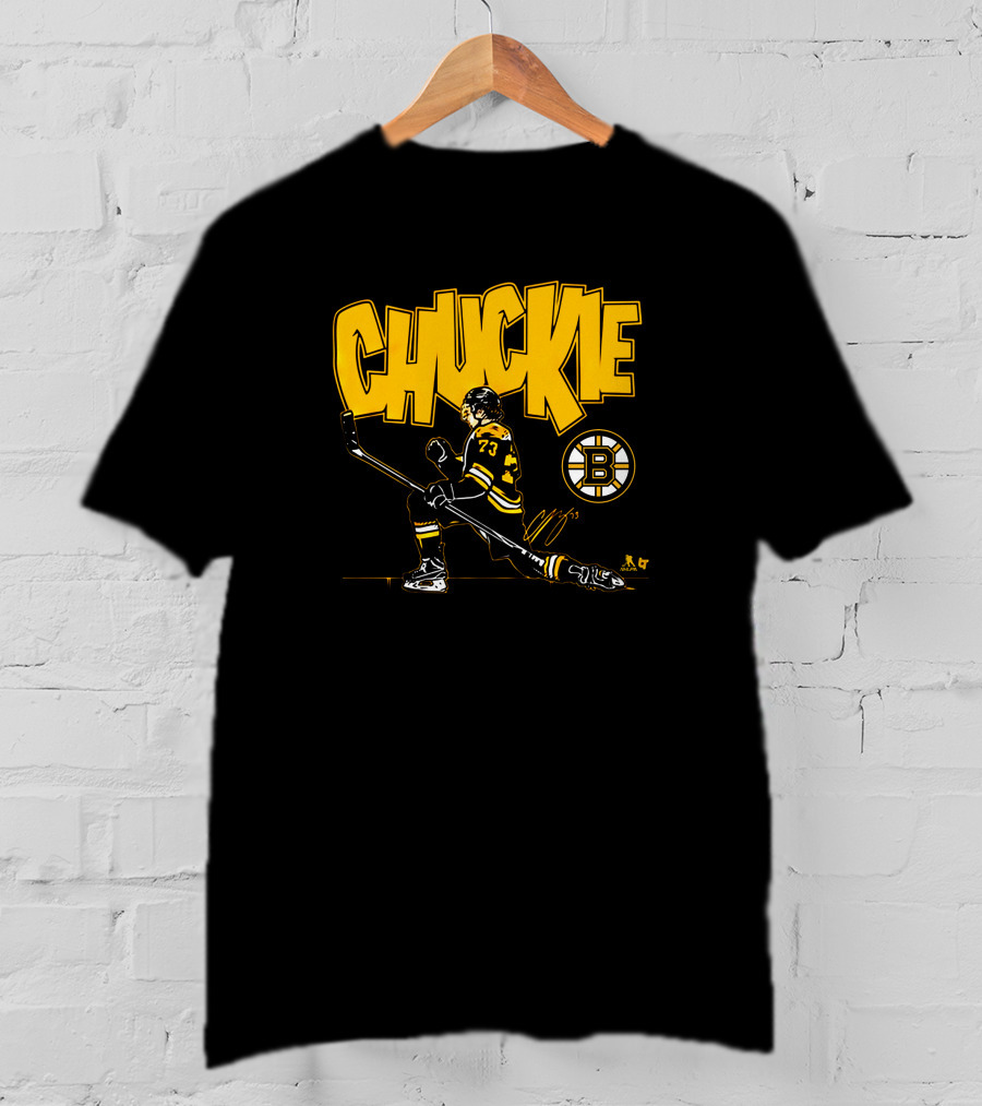 Boston Bruins Charlie McAvoy Chuckie Kneeling Pose With Hockey Stick T-Shirt