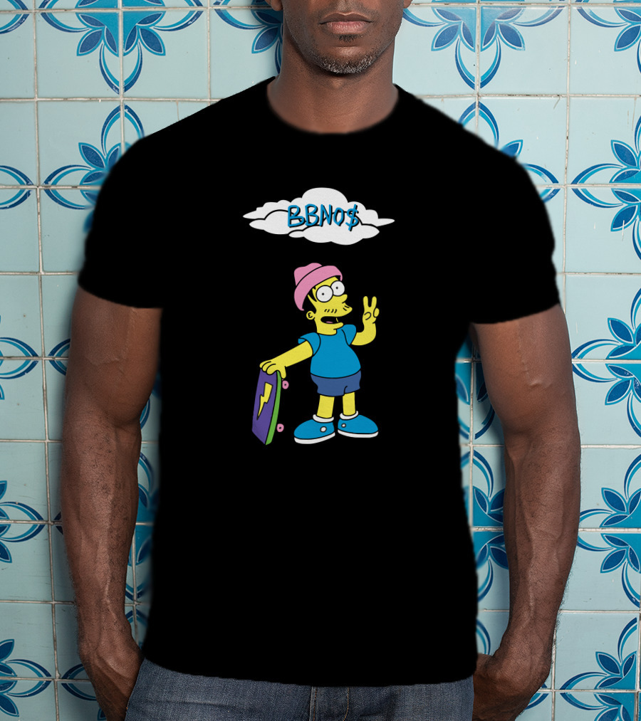 BBNO$ Cartoon Character With Skateboard And Peace Sign T-Shirt
