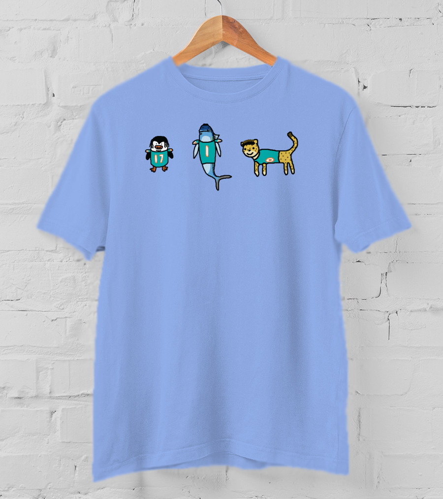 Waddle 17 Miami Dolphins Penguin Shark Cheetah Quirky Football Mascots T-Shirt