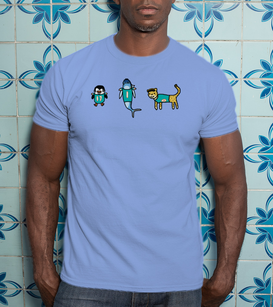 Waddle 17 Miami Dolphins Penguin Shark Cheetah Quirky Football Mascots T-Shirt