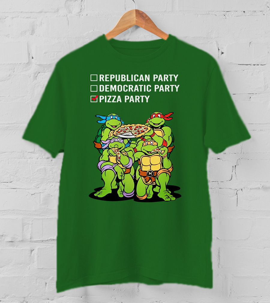 Pizza Party Checkmark With Four Ninja Turtles Carrying Pizza Under Republican Party Democratic Party Options T-Shirt