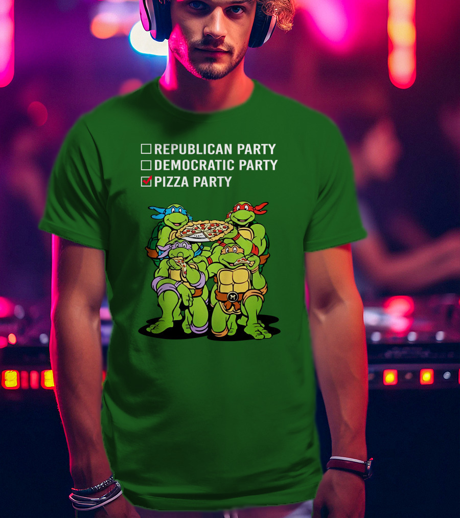 Pizza Party Checkmark With Four Ninja Turtles Carrying Pizza Under Republican Party Democratic Party Options T-Shirt