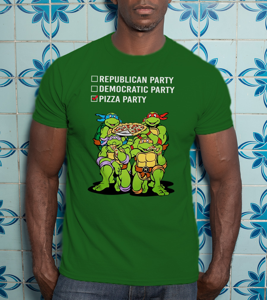 Pizza Party Checkmark With Four Ninja Turtles Carrying Pizza Under Republican Party Democratic Party Options T-Shirt