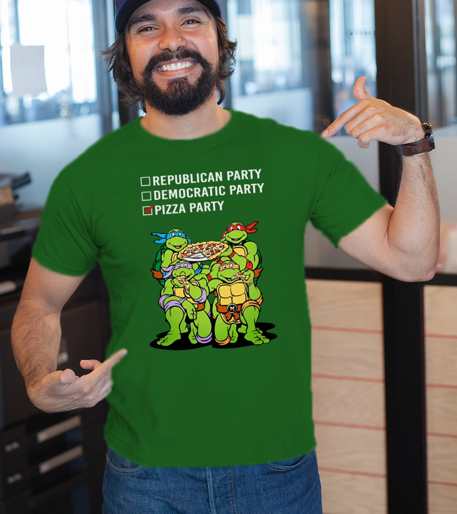 Pizza Party Checkmark With Four Ninja Turtles Carrying Pizza Under Republican Party Democratic Party Options T-Shirt