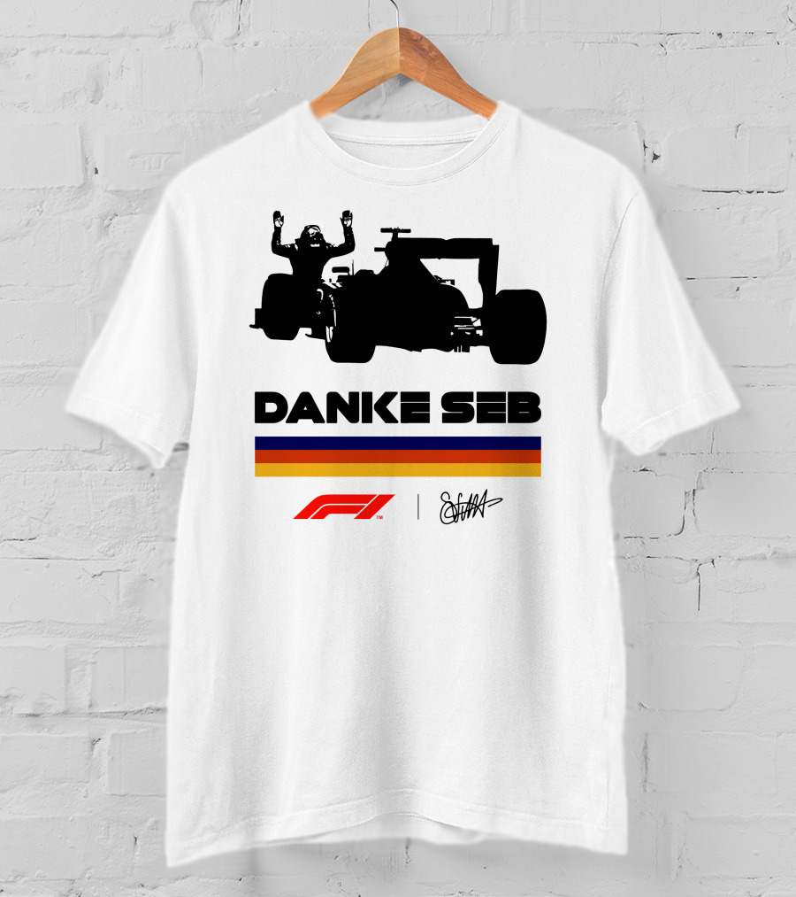 Formula 1 Danke Seb Vettel Silhouette With F1 Logo And Signature T-Shirt