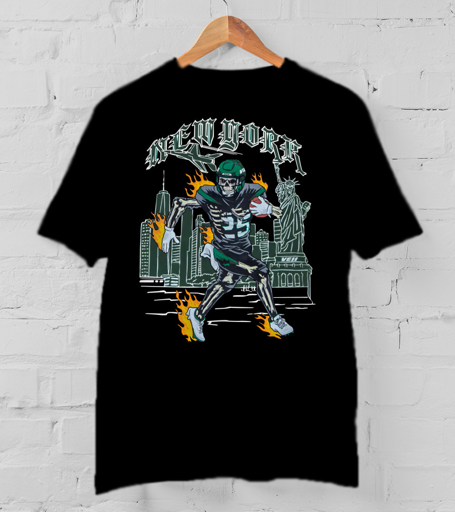 New York Jetpack QB Number 5 New York City Statue Of Liberty Skyline Fire Running T-Shirt