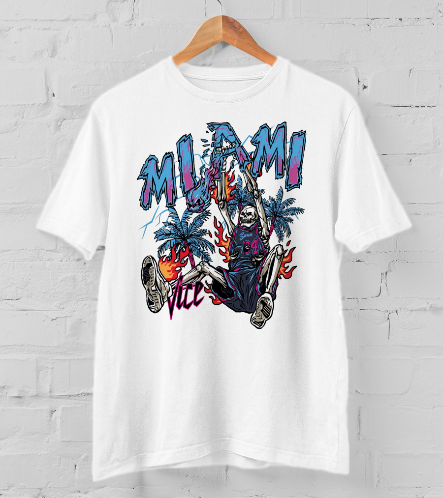 Sana Detroit Vice Miami Basketball Skeleton Dunking With Palm Trees And Flames T-Shirt