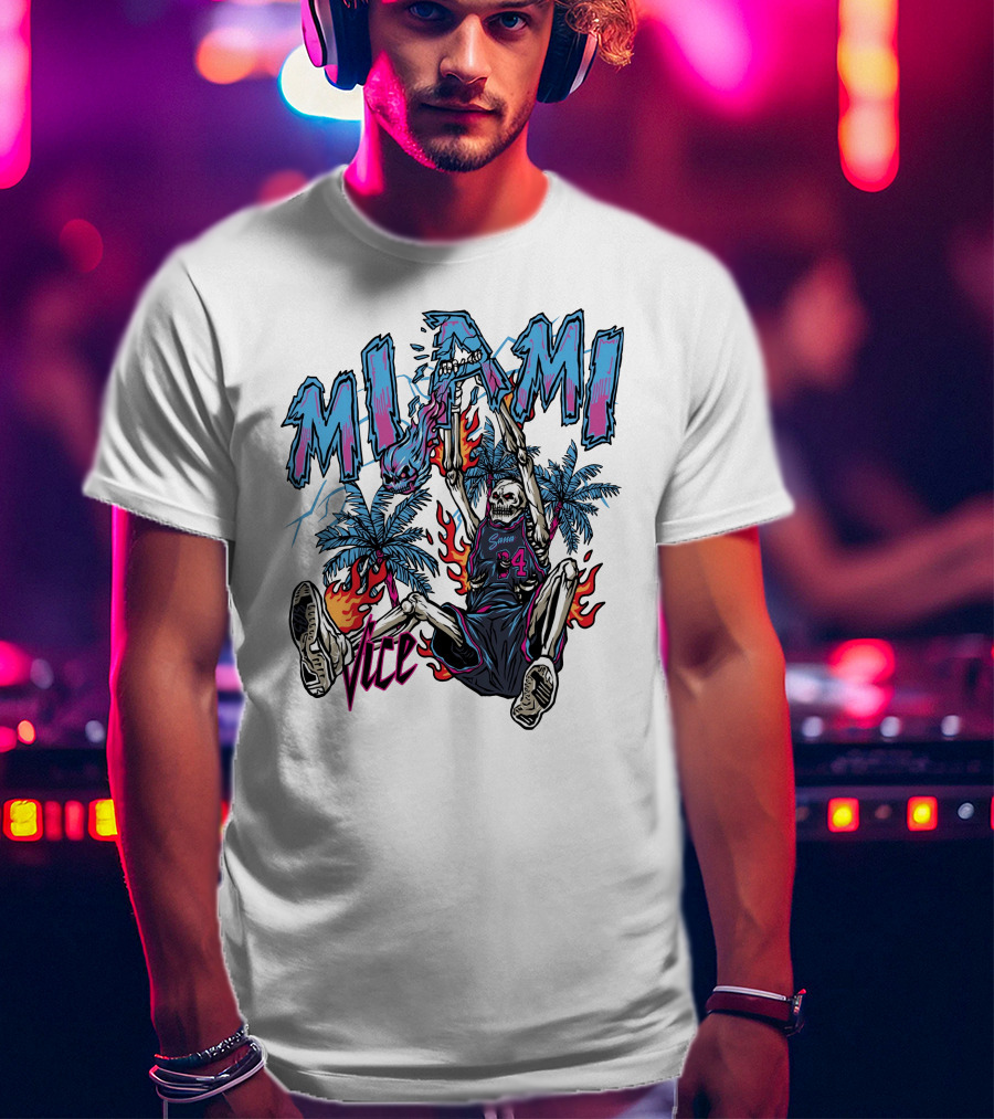 Sana Detroit Vice Miami Basketball Skeleton Dunking With Palm Trees And Flames T-Shirt