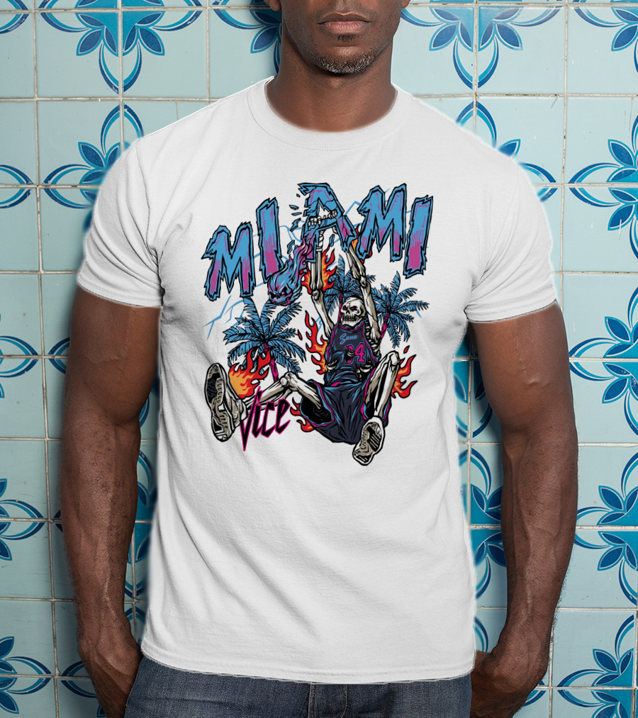 Sana Detroit Vice Miami Basketball Skeleton Dunking With Palm Trees And Flames T-Shirt