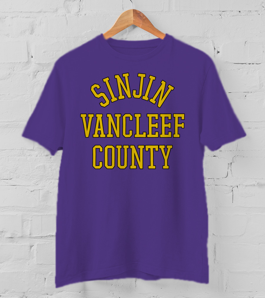 Sinjin Drowning Merch Sinjin Vancleef County Arch Style Purple Gold Lettering T-Shirt