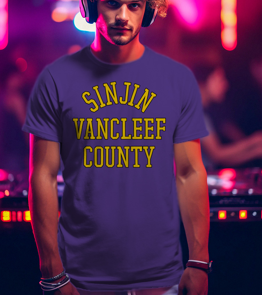 Sinjin Drowning Merch Sinjin Vancleef County Arch Style Purple Gold Lettering T-Shirt