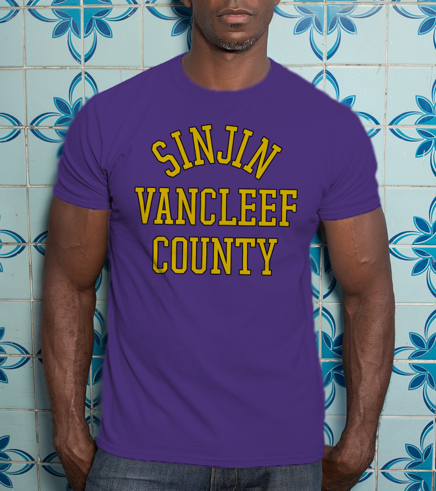 Sinjin Drowning Merch Sinjin Vancleef County Arch Style Purple Gold Lettering T-Shirt
