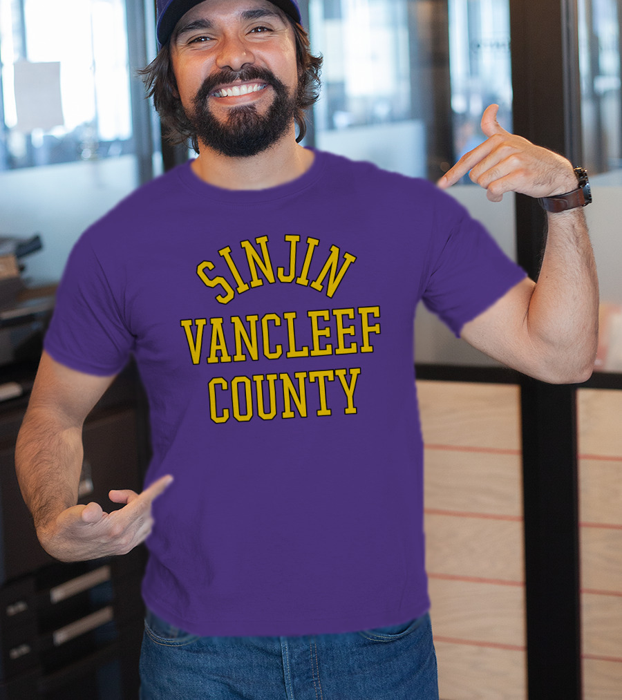 Sinjin Drowning Merch Sinjin Vancleef County Arch Style Purple Gold Lettering T-Shirt