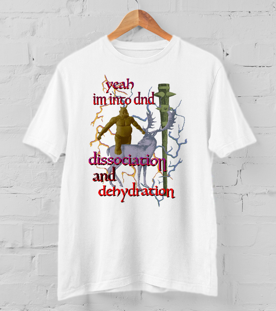 Yeah Im Into Dnd Dissociation And Dehydration Statue Riding Reindeer With Caduceus Staff And Lightning Background T-Shirt