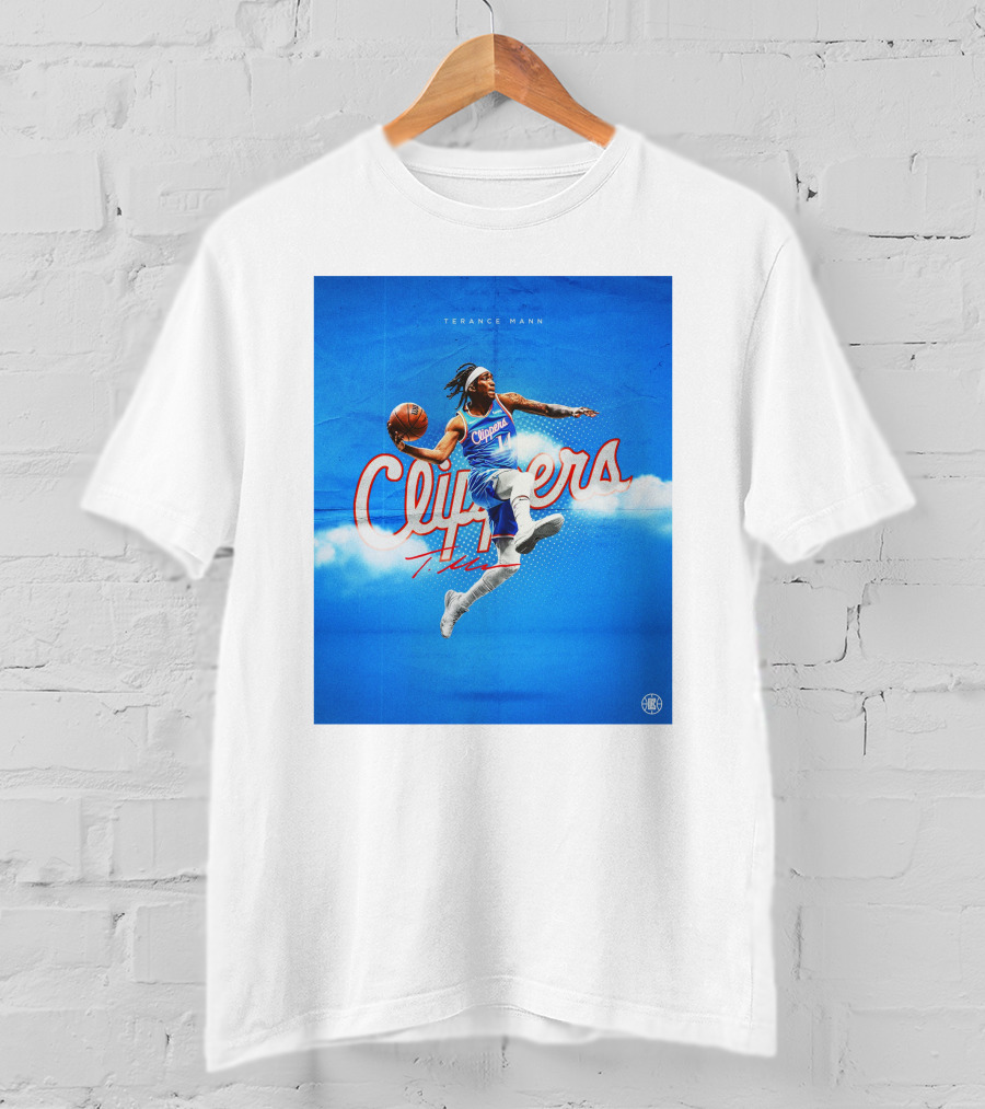 Terance Mann Clippers Basketball Motion Dribble Blue Clouds T-Shirt
