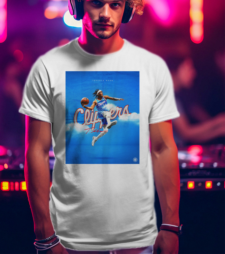 Terance Mann Clippers Basketball Motion Dribble Blue Clouds T-Shirt