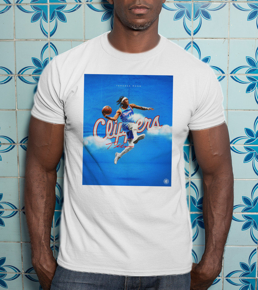 Terance Mann Clippers Basketball Motion Dribble Blue Clouds T-Shirt