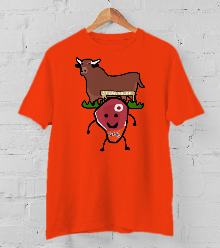 Steak Gelof Virginia 22 Cartoon Bull And Smiling Meat Character On Red T-Shirt