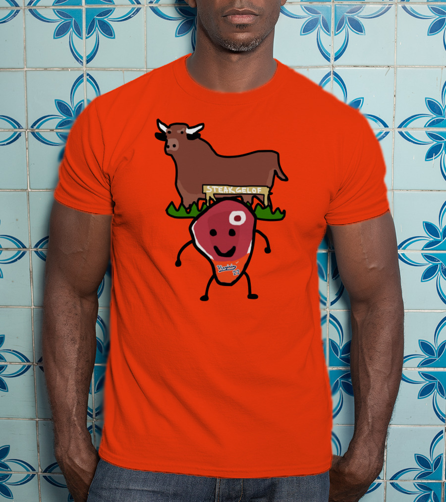 Steak Gelof Virginia 22 Cartoon Bull And Smiling Meat Character On Red T-Shirt