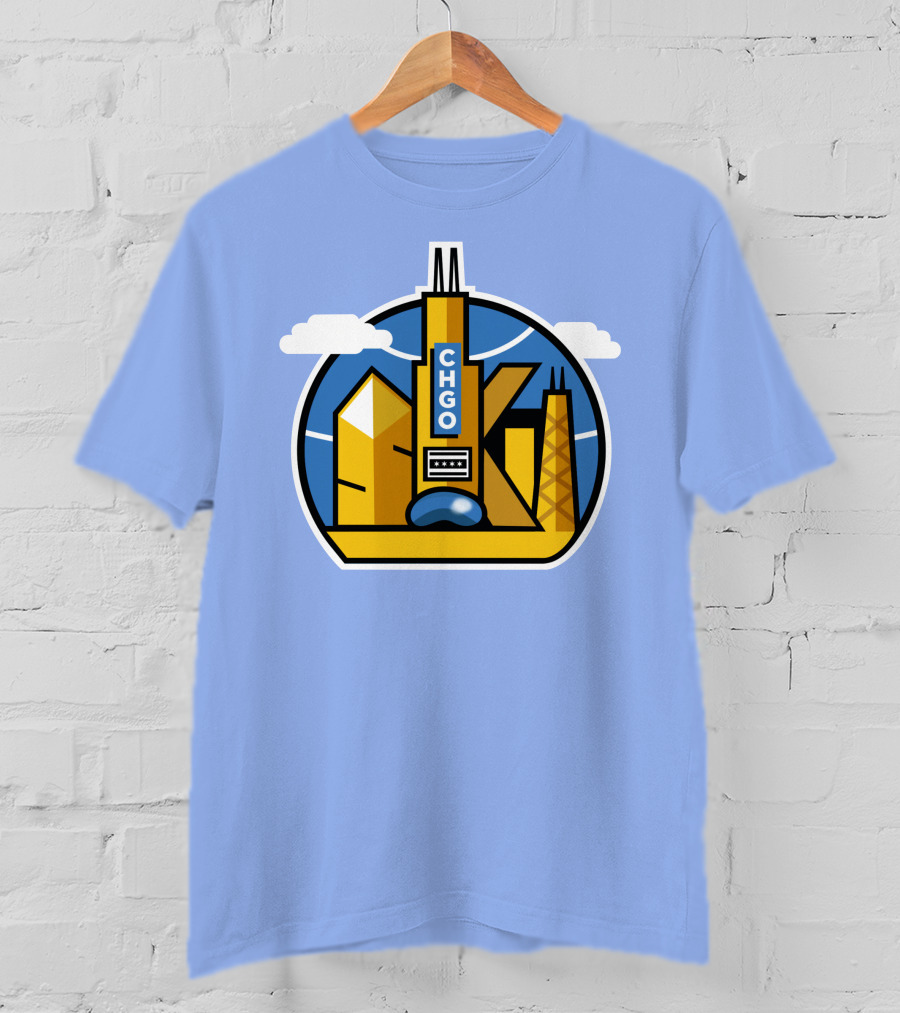 CHGO Skyline Blue Skies Sports Icon With Landmarks T-Shirt