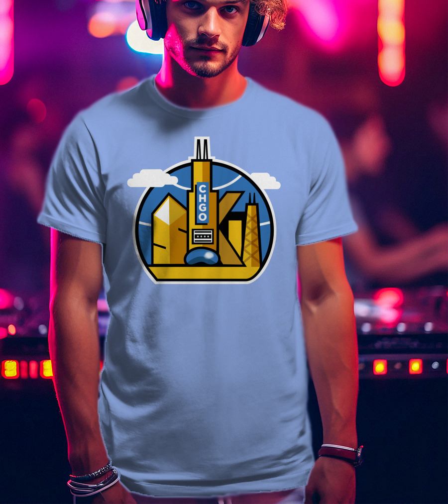 CHGO Skyline Blue Skies Sports Icon With Landmarks T-Shirt