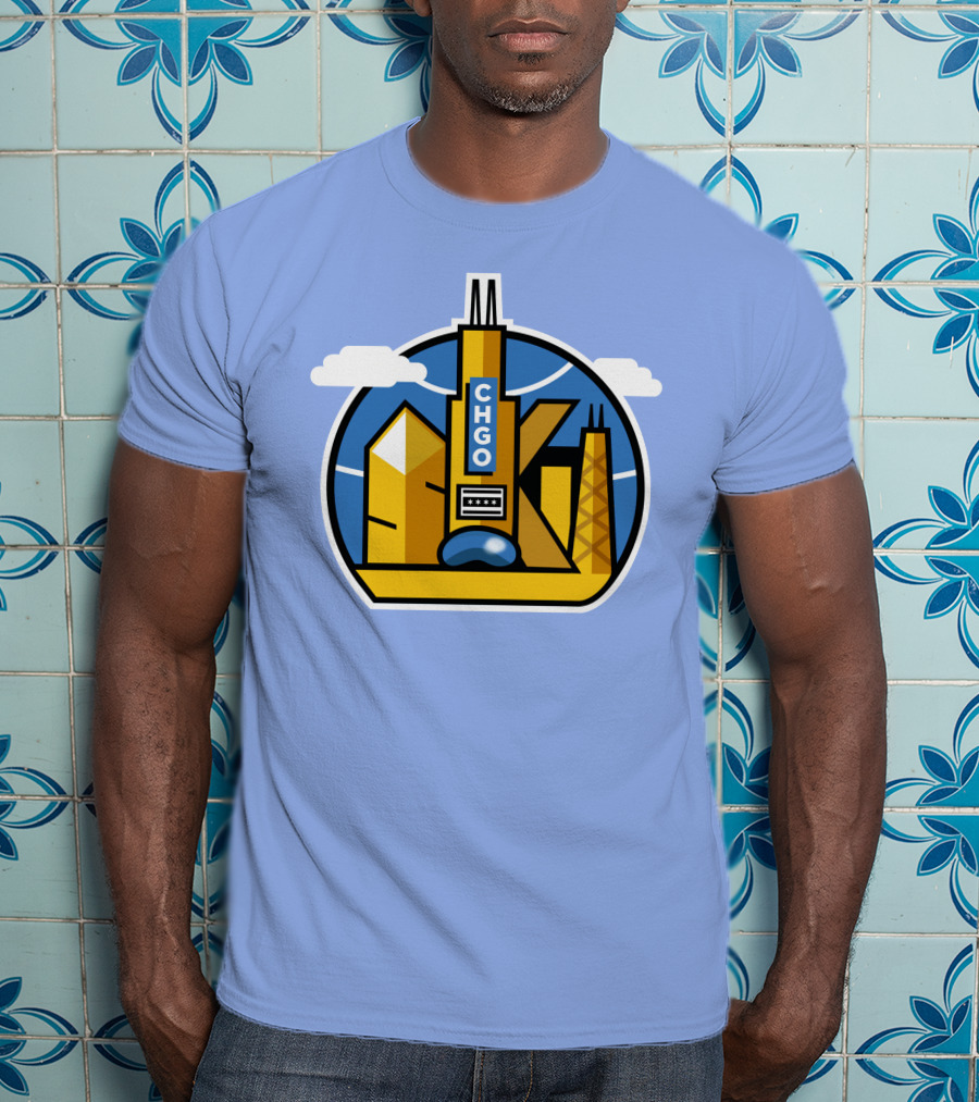 CHGO Skyline Blue Skies Sports Icon With Landmarks T-Shirt