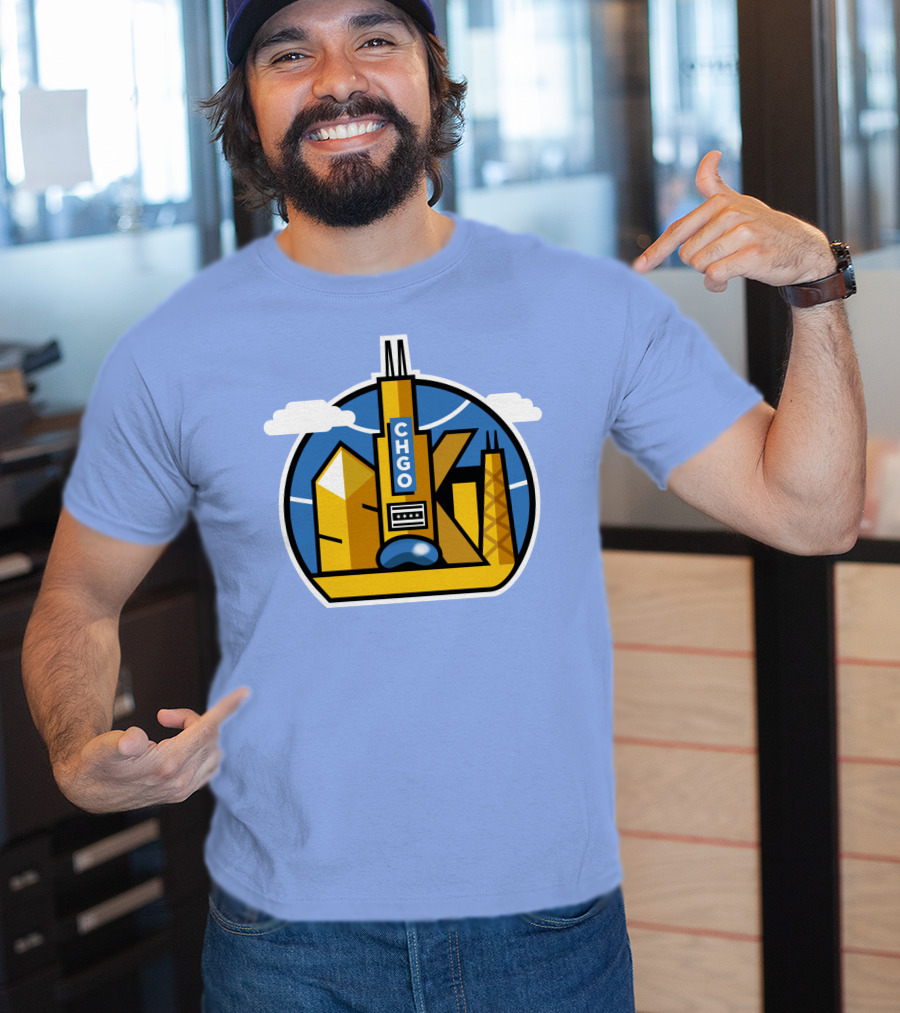 CHGO Skyline Blue Skies Sports Icon With Landmarks T-Shirt