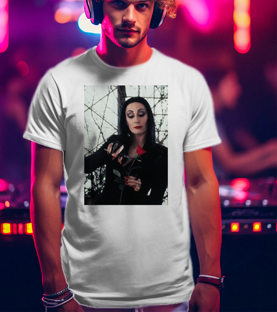 Morticia Addams Anjelica Huston Cutting Rose Scene T-Shirt