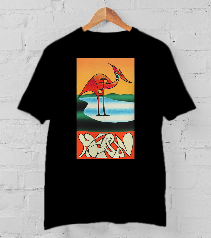 Heron Preston Abstract Bold Graphic Stork Art Orange Teal Lake T-Shirt