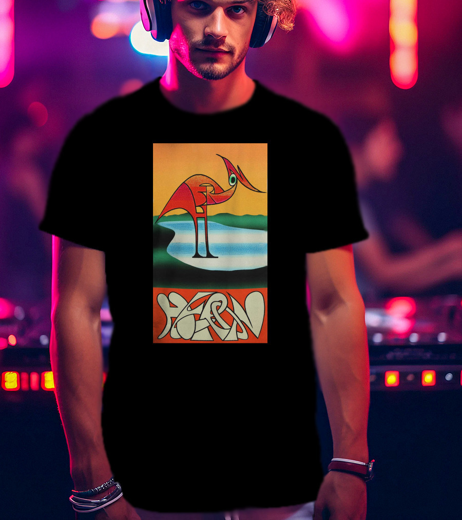 Heron Preston Abstract Bold Graphic Stork Art Orange Teal Lake T-Shirt