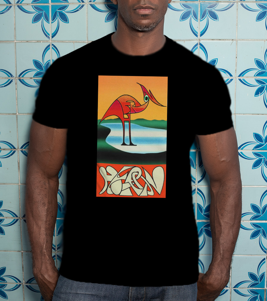 Heron Preston Abstract Bold Graphic Stork Art Orange Teal Lake T-Shirt