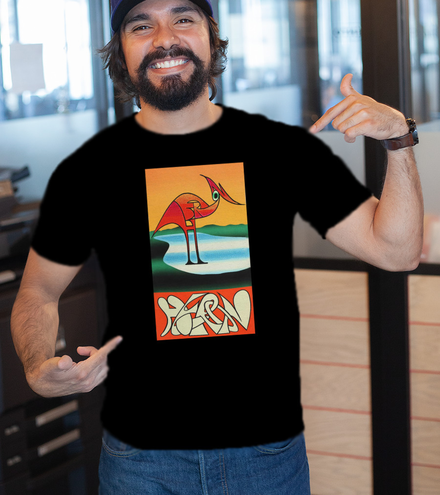 Heron Preston Abstract Bold Graphic Stork Art Orange Teal Lake T-Shirt