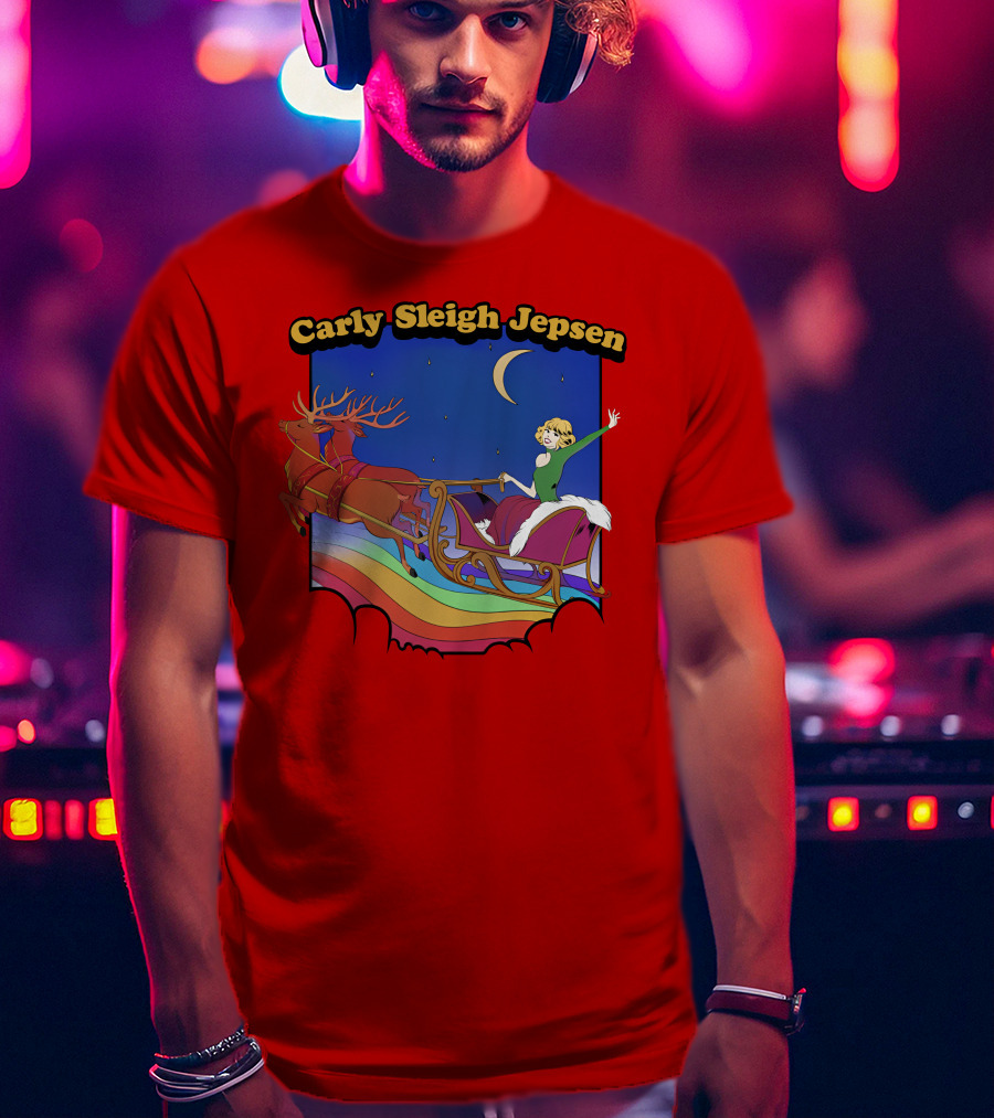 Carly Sleigh Jepsen Christmas Reindeer Sleigh Adventure Under Moonlit Sky T-Shirt