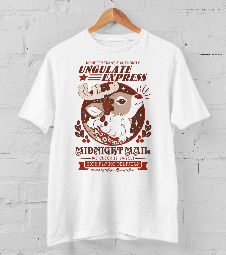Reindeer Transit Authority Ungulate Express Midnight Mail High Flying Delivery T-Shirt